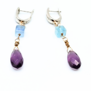 Long drop earrings with amethyst and blue paraiba tourmaline crystals