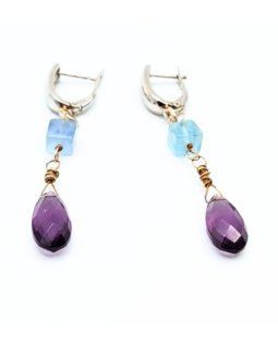 Long drop earrings with amethyst and blue paraiba tourmaline crystals