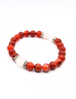 Vibrant stretch bracelet featuring 8 mm carnelian beads with rose quartz accents