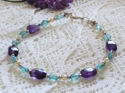 Handmade Purple Amethyst Bracelet with Blue Apatite Crystals & Freshwater Pearls