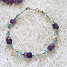 Handmade Purple Amethyst Bracelet with Blue Apatite Crystals & Freshwater Pearls