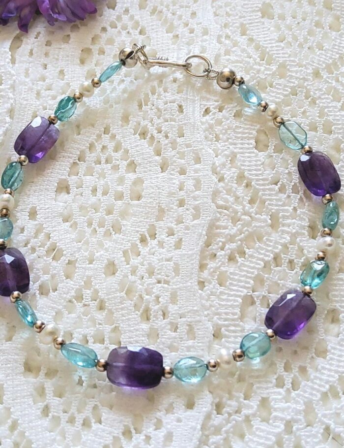 Handmade Purple Amethyst Bracelet with Blue Apatite Crystals & Freshwater Pearls