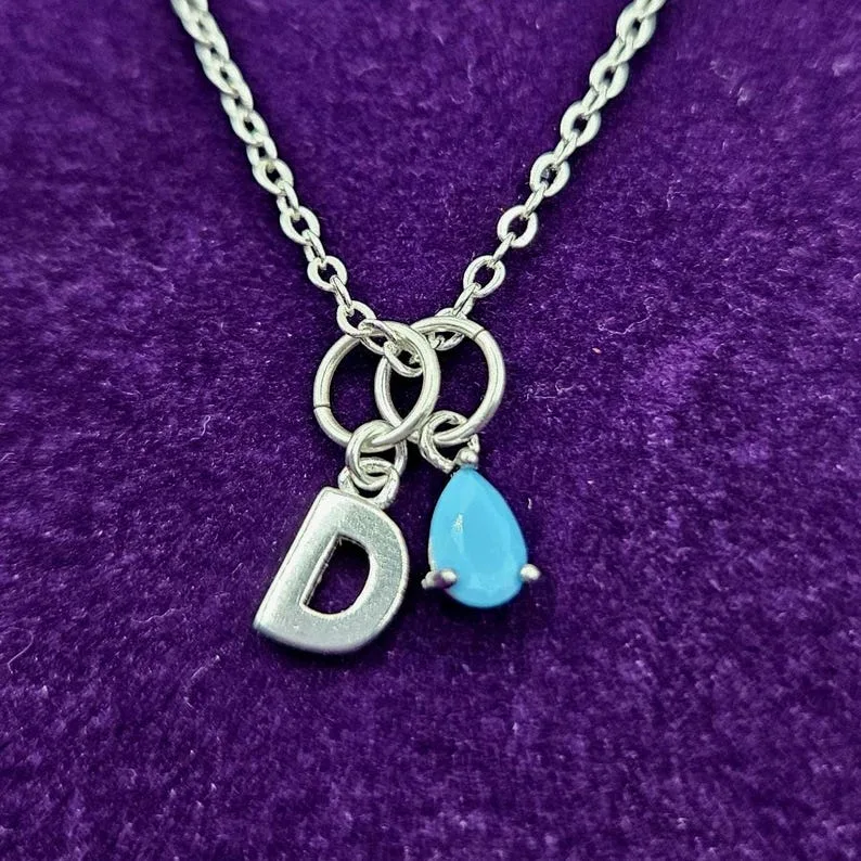 Turquoise Blue December Birthstone Initial Necklace in Sterling Silver