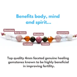 A nurturing fertility bracelet with moonstone, aquamarine, rhodonite, rose quartz, and unakite, accented with sterling silver on an adjustable pink silk cord. Designed to support fertility and emotional well-being.