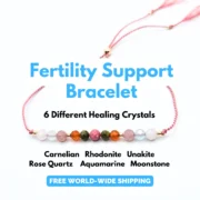 A nurturing fertility bracelet with moonstone, aquamarine, rhodonite, rose quartz, and unakite, accented with sterling silver on an adjustable pink silk cord. Designed to support fertility and emotional well-being.