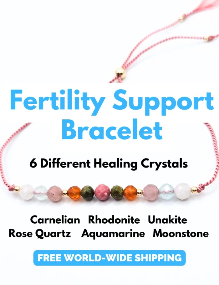 A nurturing fertility bracelet with moonstone, aquamarine, rhodonite, rose quartz, and unakite, accented with sterling silver on an adjustable pink silk cord. Designed to support fertility and emotional well-being.