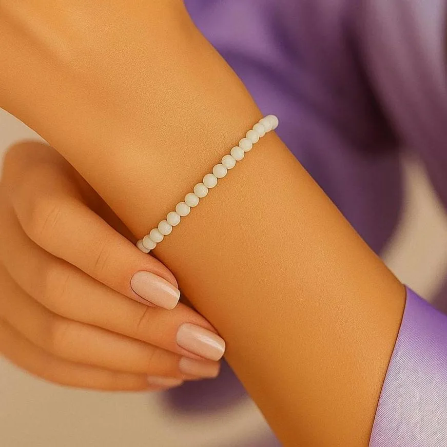 Dainty Mother of Pearl Shell Bracelet for Women | 3mm Gemstones Stretch Elastic | Unique Beachy MOP Jewelry Gift for Her