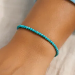 Dainty Turquoise Stretch Bracelet for Women | 3mm Smooth Round Beads Stackable Waterproof | December Birthstone Sagittarius Capricorn Gift
