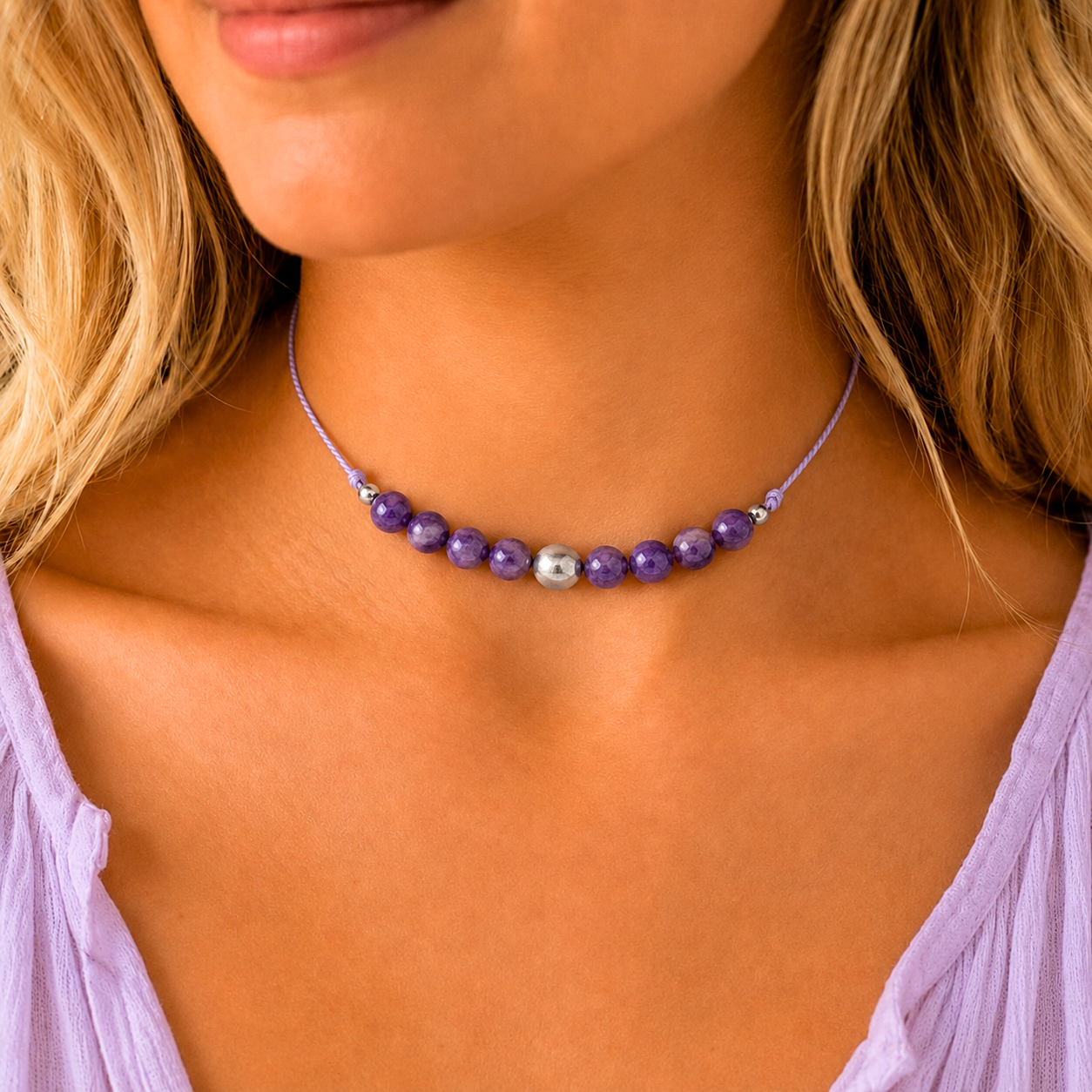 Purple Charoite Silk Cord Choker Necklace