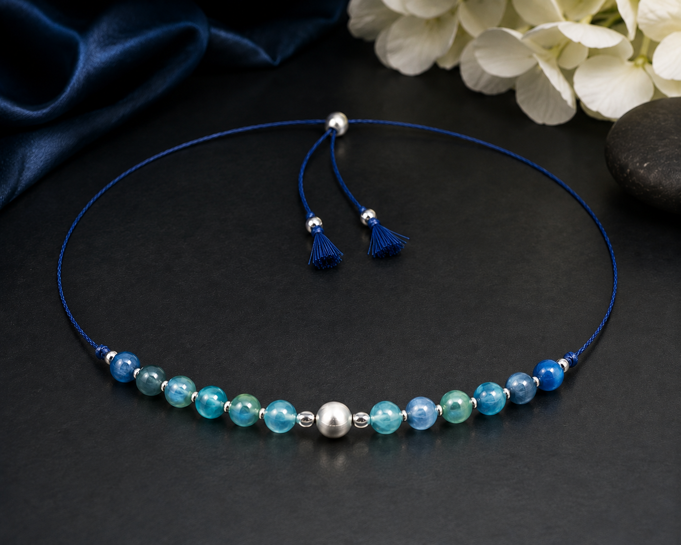 Rare Blue-Green Kyanite Choker Necklace on Silk Cord