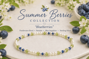 Blueberries dainty pearl bracelet with blue sapphires and peridots