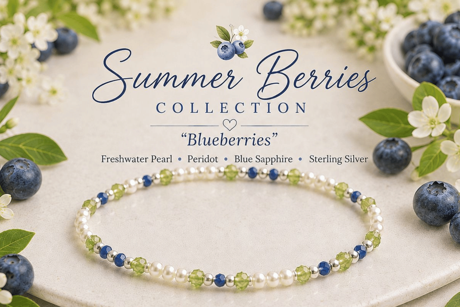 Blueberries dainty pearl bracelet with blue sapphires and peridots