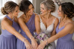 Bride and bridesmaids wearing matching custom designed bracelets from Divine by Design Handmade Gemstone Jewelry