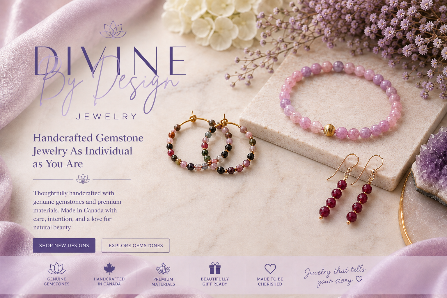 Divine by Design home page hero image showing gemstone earrings, bracelet and necklace