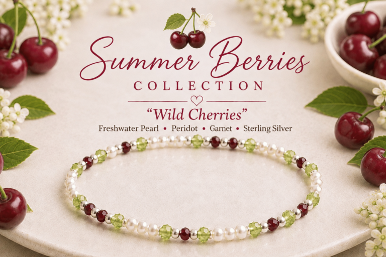 Wild Cherries Dainty Freshwater Pearl bracelet accented with Garnet & Peridot Gemstones