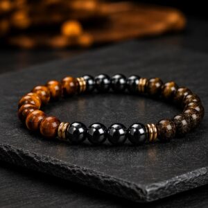 The shield men's protection bracelet with golden obsidian, tigers eye and hematite