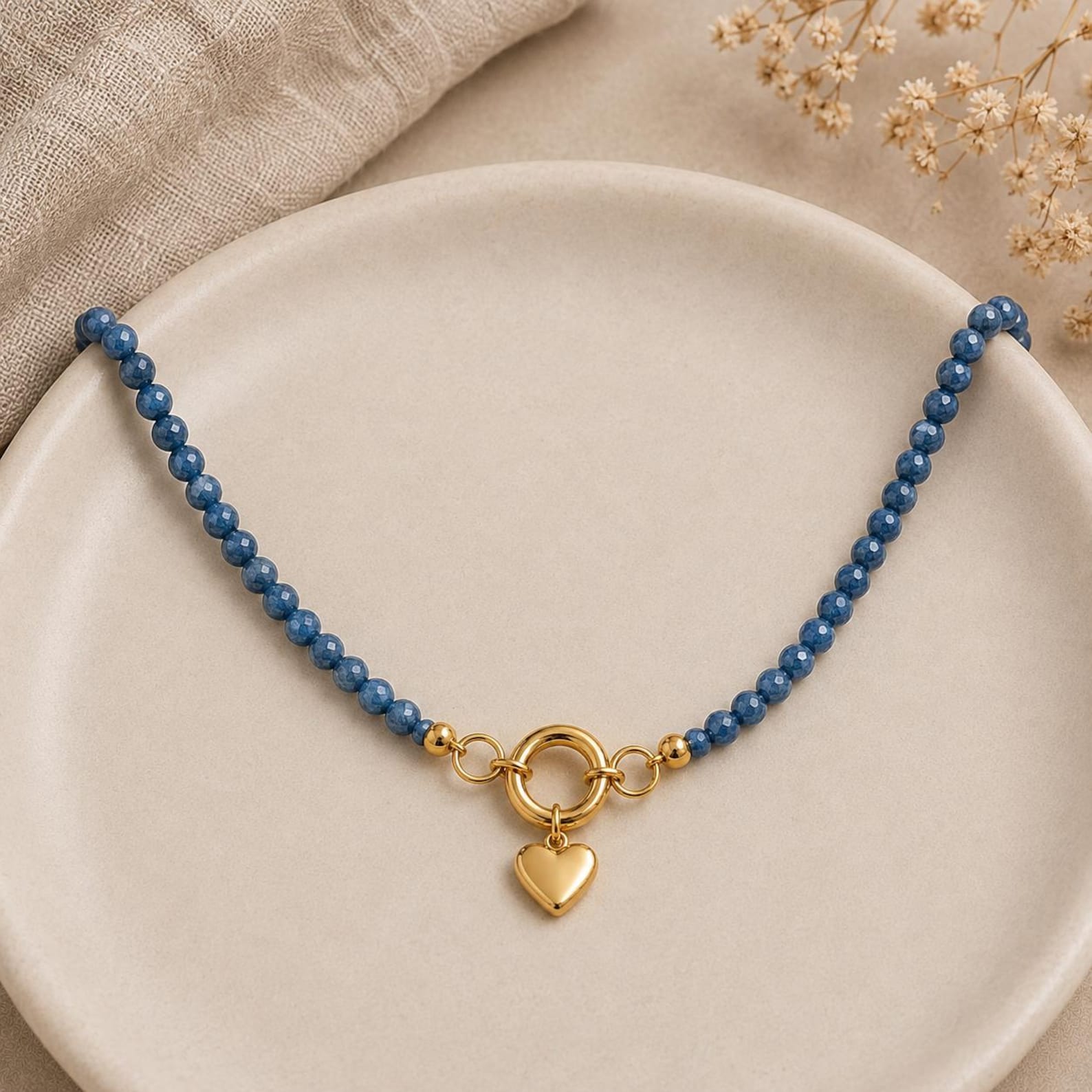 Blue sapphire charm necklace with sterling silver or eighteen k gold filled front charm clasp